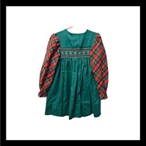 Polly Flinders Holiday Smocked Dress Size 5 Green Plaid Flowers